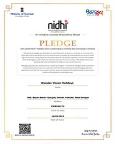 Nidhi Certificate from Department of Tourism